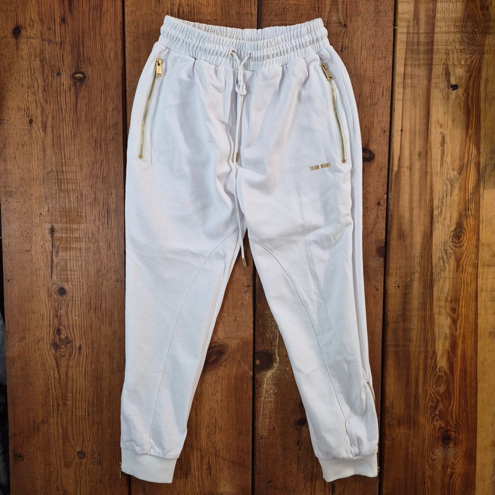 Team Wang Design White Jogger Sweatpants Gold Zipper Pockets Size 1